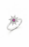 Silver Star Flower Ring with Pink Gemstone
