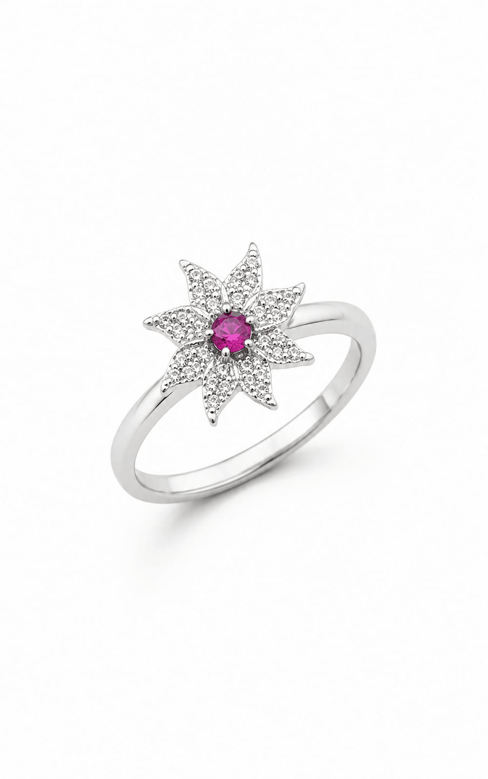 Silver Star Flower Ring with Pink Gemstone