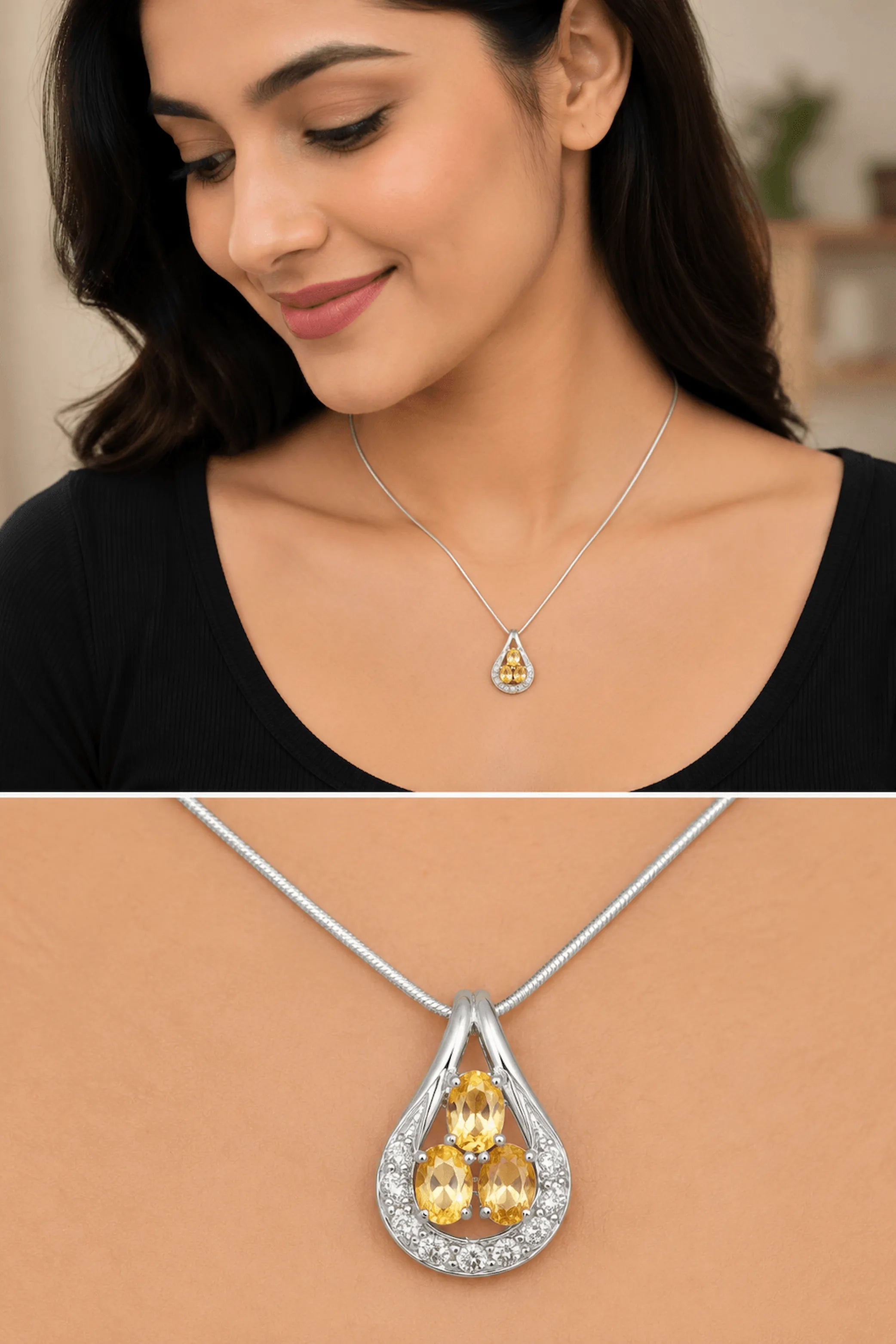 Silver Teardrop Pendant with Golden Gemstones