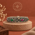 Handcrafted Silver Bangle with Emerald & Ruby Stones