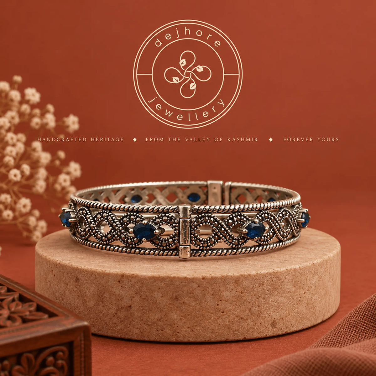 Handcrafted Silver Bangle with Deep Blue Stones