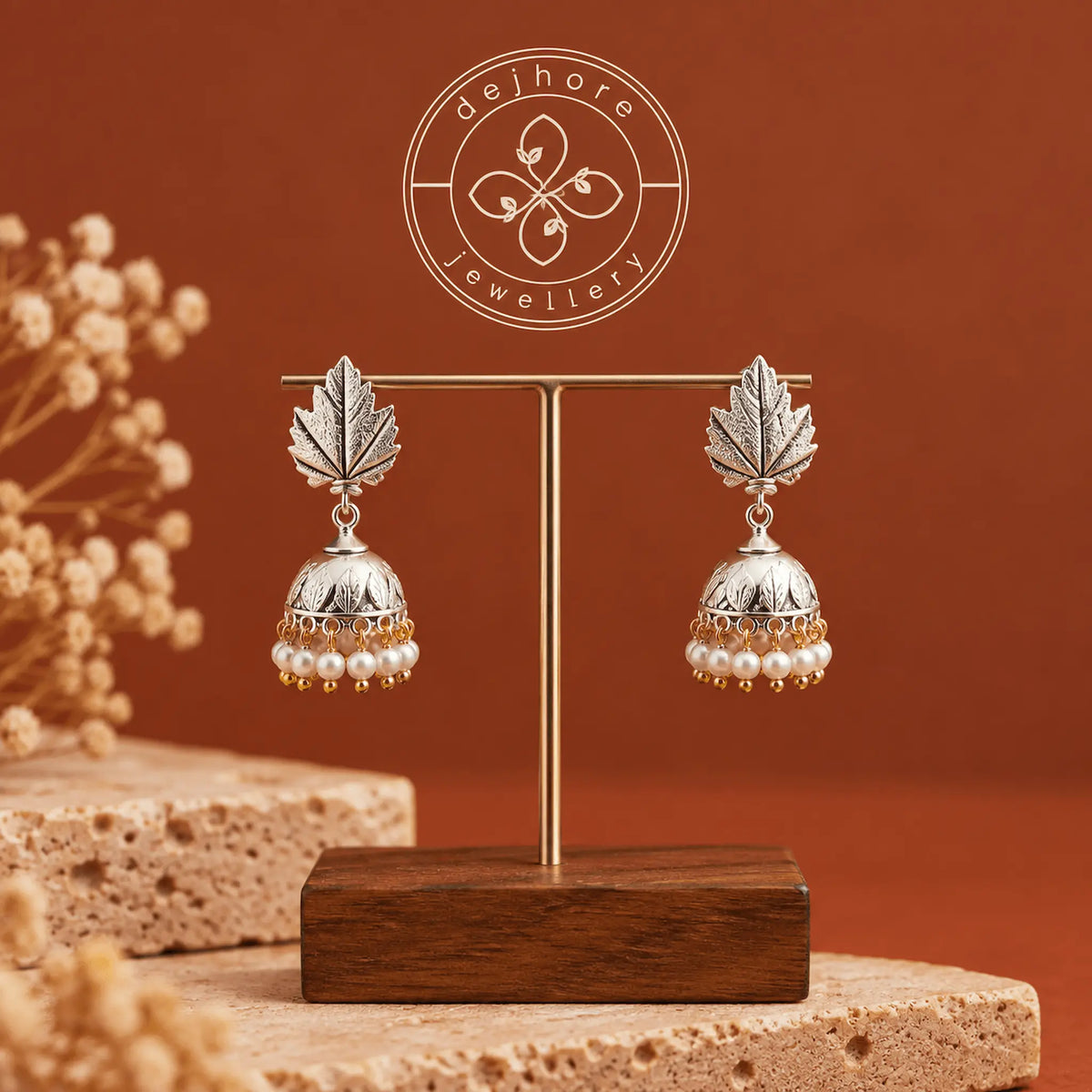 Chinar Silver Jhumka with Pearl Drops