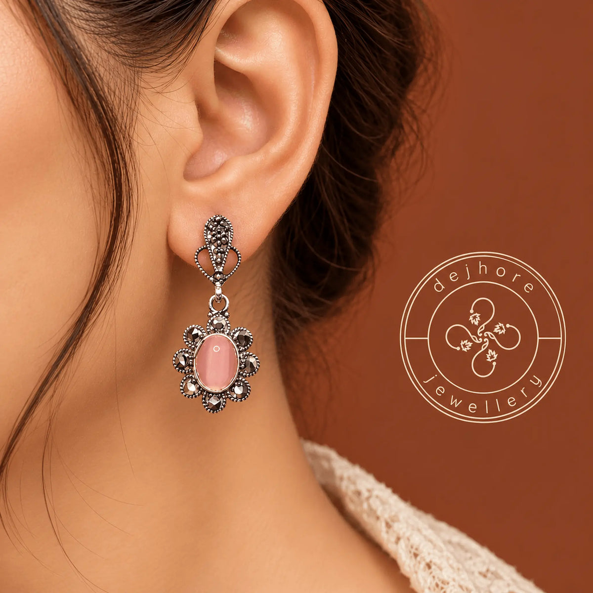 Oxidised Silver Drop Earrings with Baby Pink Stone