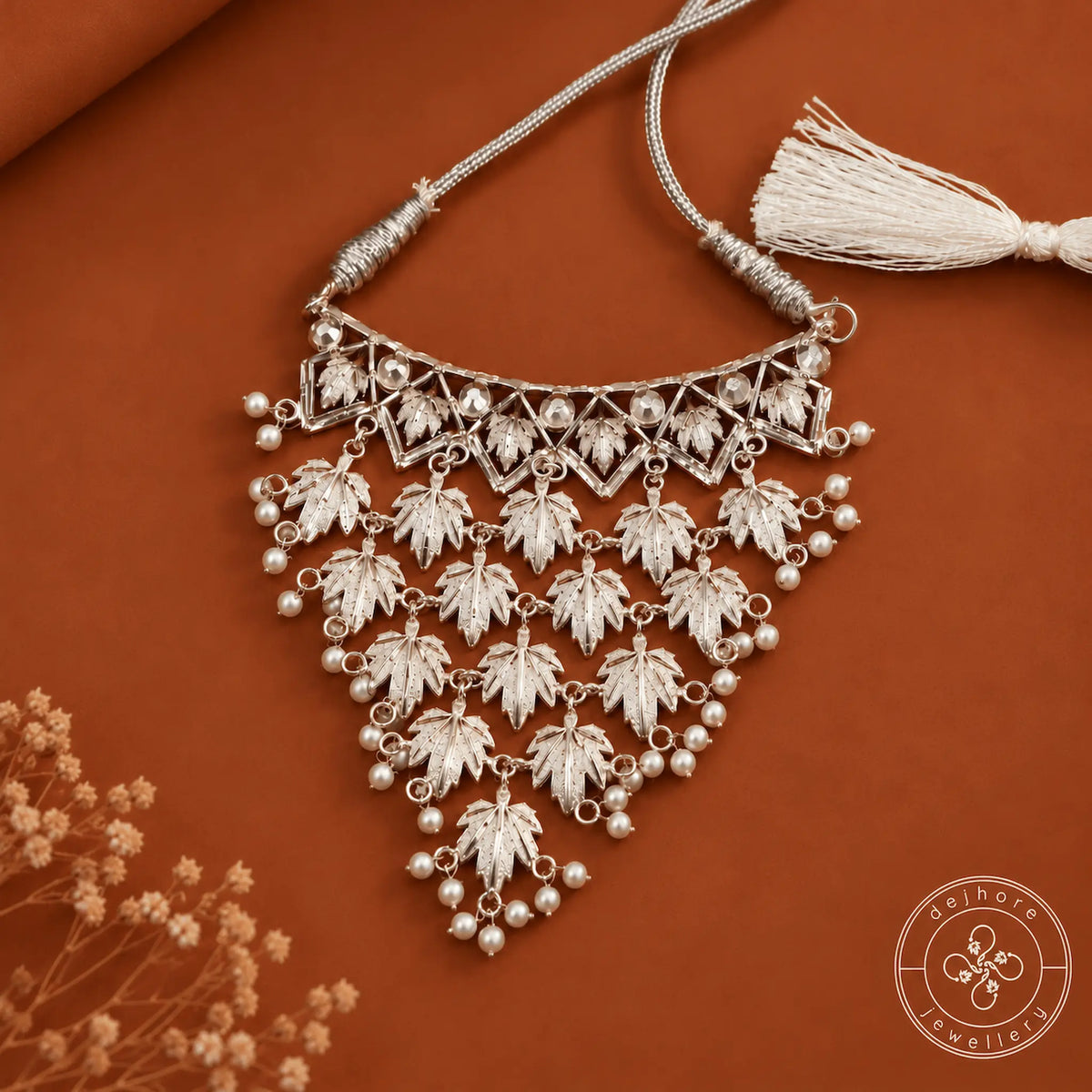 Kashmiri Silver Leaf Motif Statement Necklace