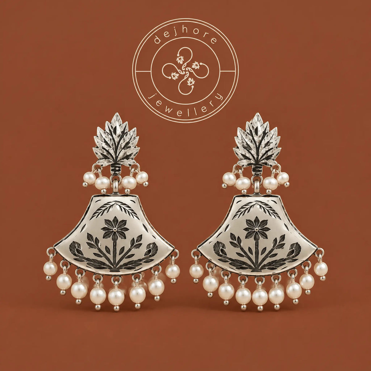 Kashmiri Silver Chinar Pearl Drop Earrings