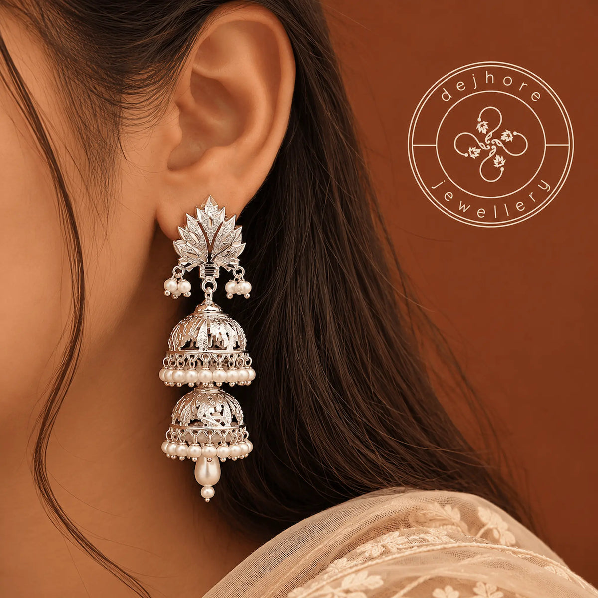 Double Tomb Chinar Jhumka – Kashmiri Silver Earrings
